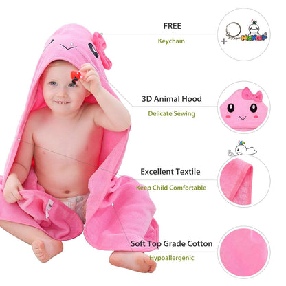 MICHLEY Pink Hooded Towel with Cute Bow Cartoon Face Soft Cotton Baby Beach Cape