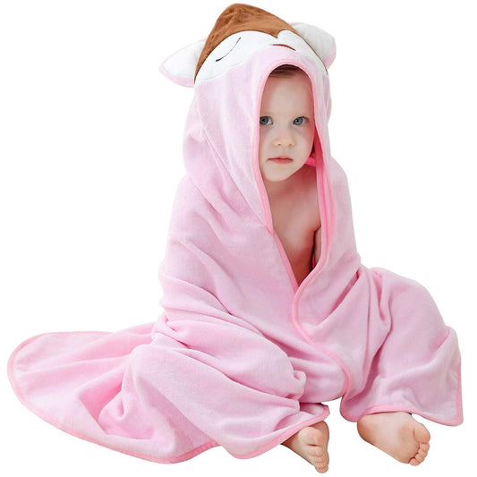 MICHLEY Baby Pink Fox Hooded Bathrobe Soft Cotton Towel Robe