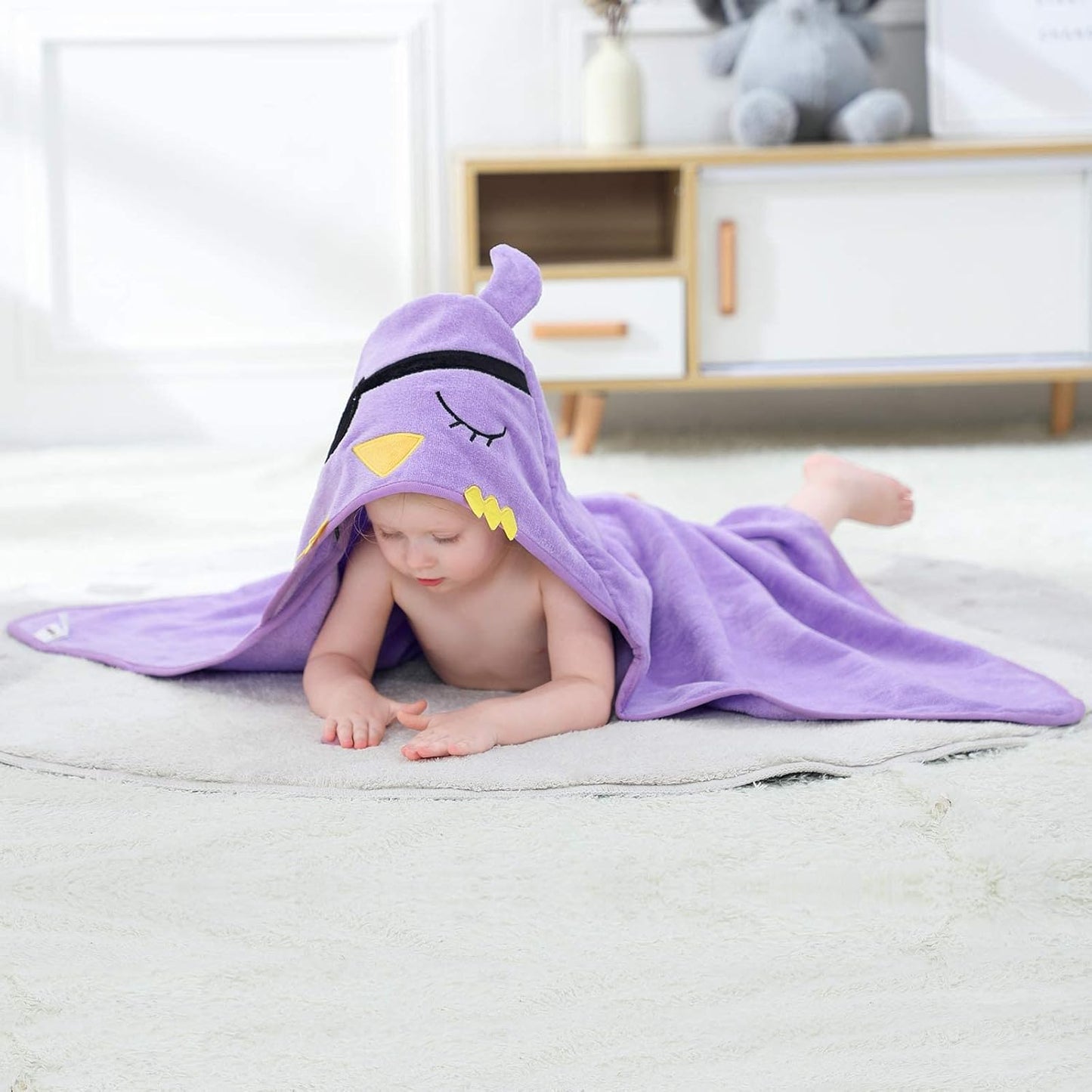 MICHLEY Baby Purple Pirate Bird Hooded Bathrobe Premium Cotton Towel Robe