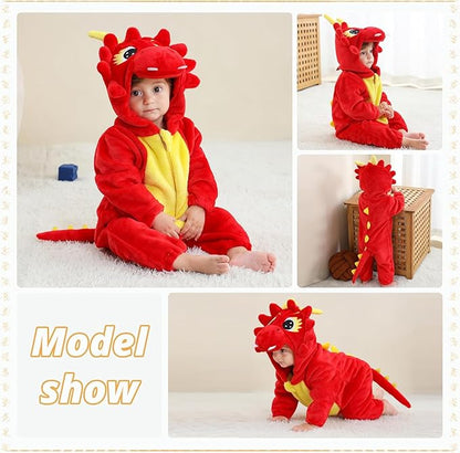 MICHLEY Red Dragon Baby Costume Winter Flannel Hooded Romper