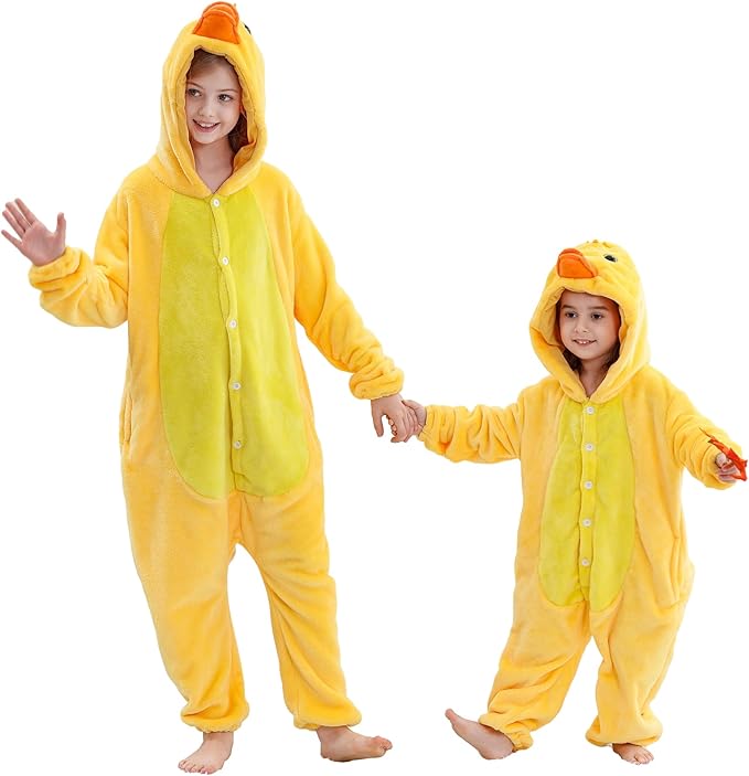 MICHLEY Kids Yellow Duck Hooded Romper Flannel Halloween Cosplay Pajamas