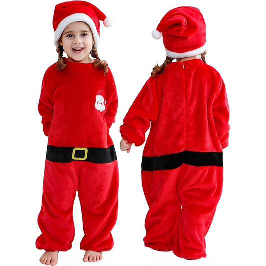 MICHLEY Baby Santa Claus Flannel Romper with Separate Christmas Hat Outfit Set