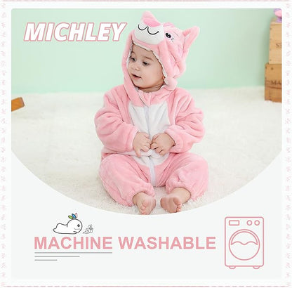 MICHLEY Pink Cat Baby Costume Winter Flannel Hooded Romper