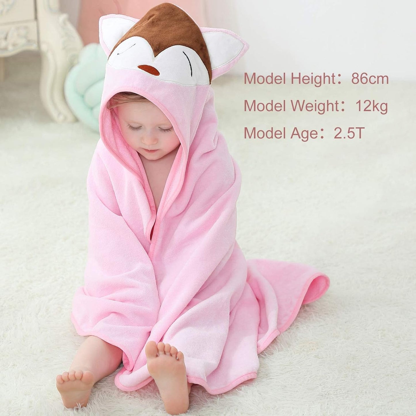 MICHLEY Baby Pink Fox Hooded Bathrobe Soft Cotton Towel Robe