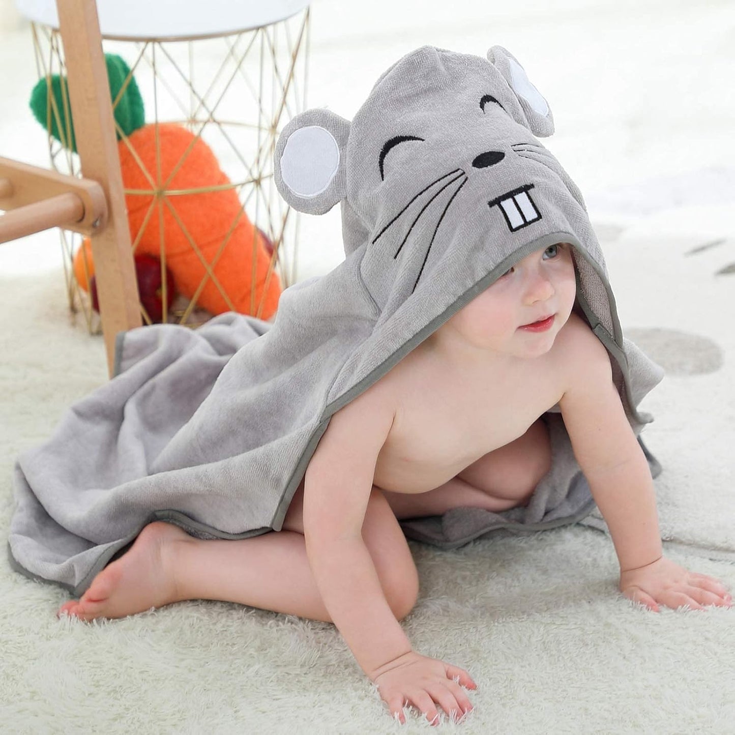 MICHLEY Baby Grey Mouse Hooded Bathrobe Soft Cotton Towel Robe
