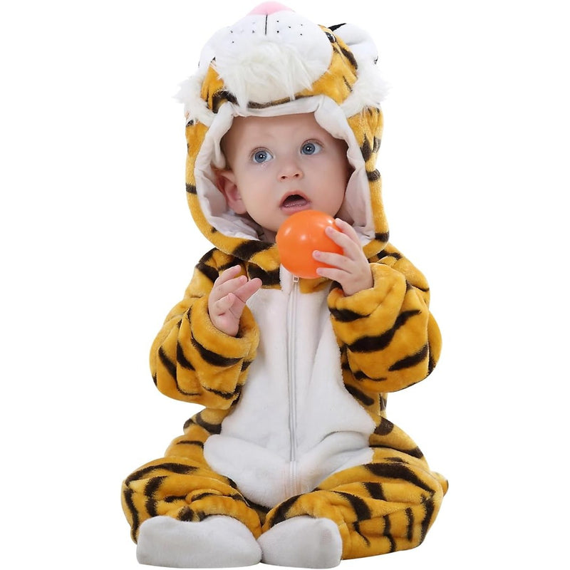 Baby wearing a MICHLEY tiger hooded flannel animal costume