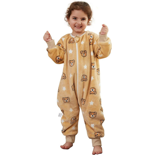 MICHLEY Kids Brown Bear Sleep Sack – Flannel Teddy Bear Pajamas with Legs