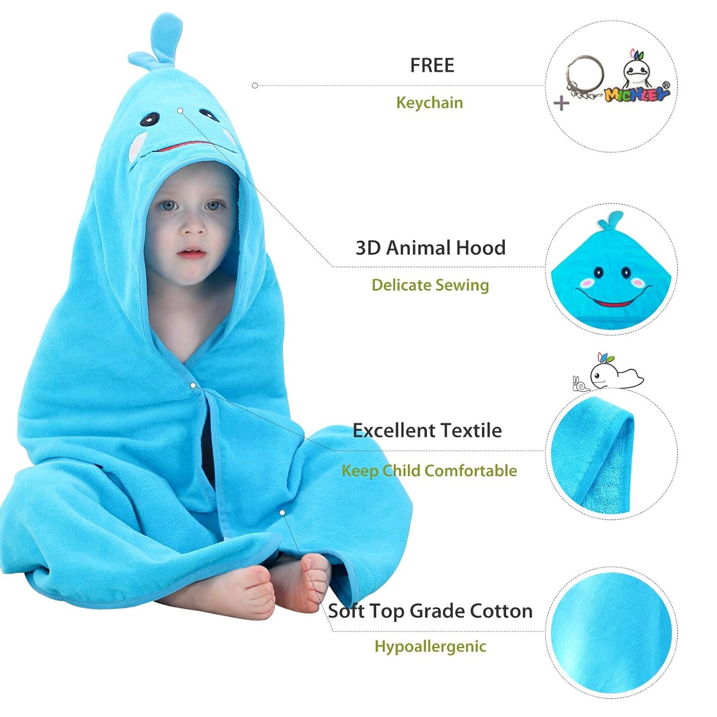 MICHLEY Blue Whale Baby Hooded Bath Towel Soft Beach Swimming Cape