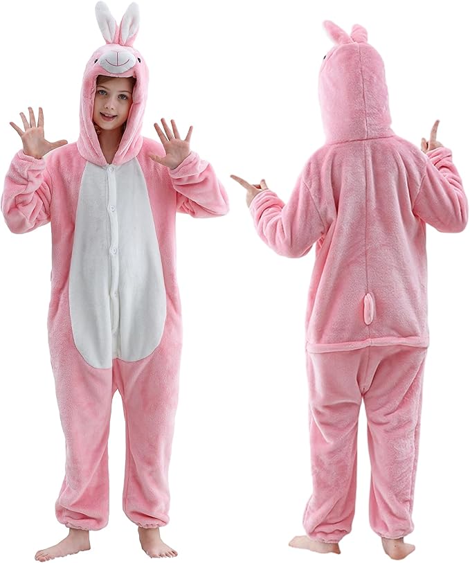 MICHLEY Kids Pink Bunny Hooded Romper Flannel Halloween Cosplay Pajamas Costume