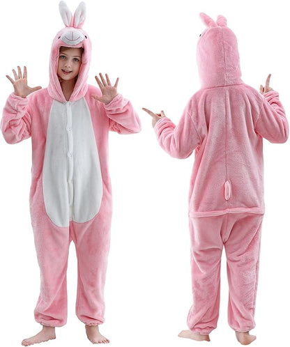 MICHLEY Kids Pink Bunny Hooded Romper Flannel Halloween Cosplay Pajamas Costume