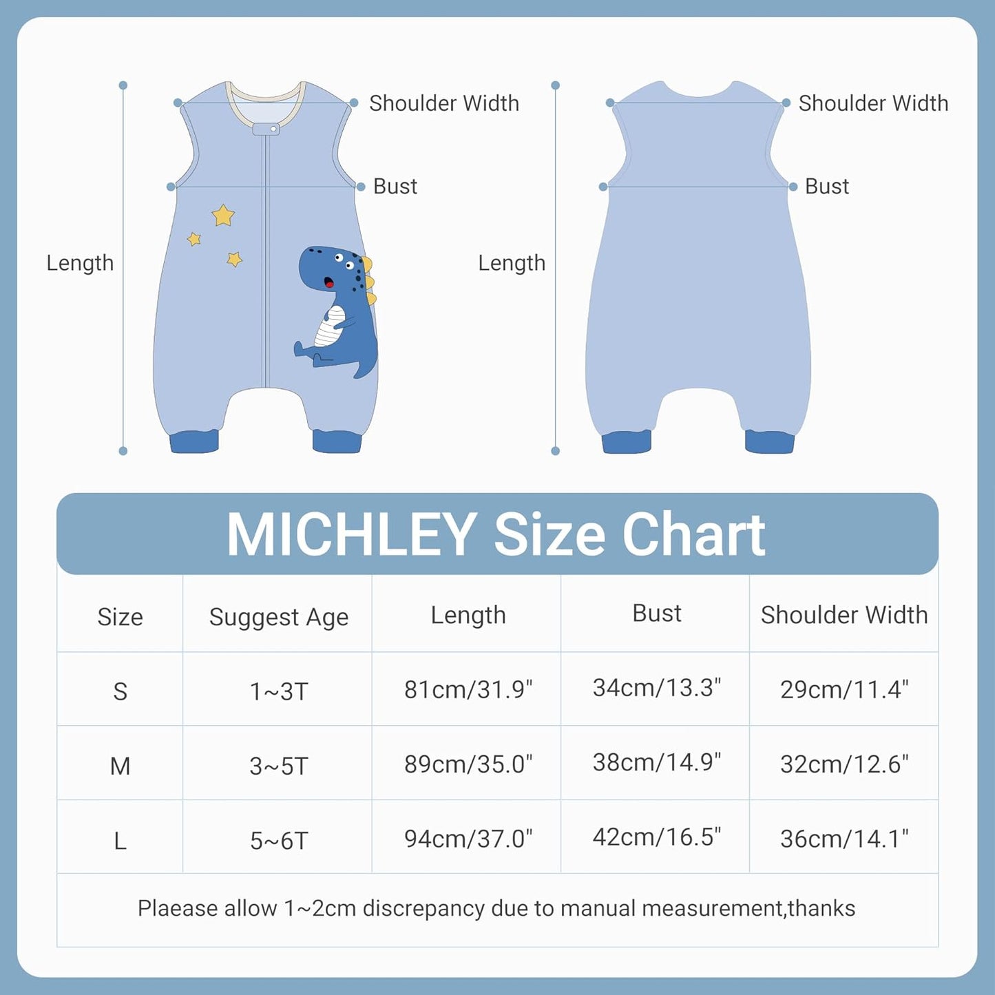 MICHLEY Blue Dinosaur Toddler Sleeveless Sleeping Bag Winter Polyester Wearable Blanket
