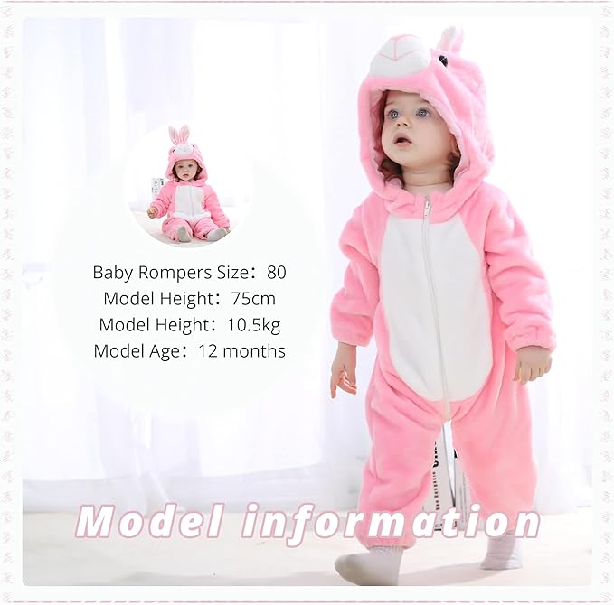 MICHLEY Pink Bunny Baby Costume Winter Flannel Hooded Romper