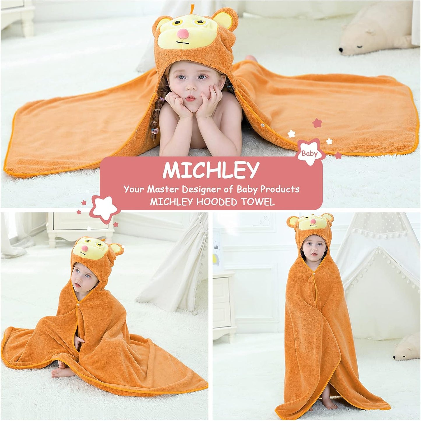 MICHLEY Monkey Hooded Baby Towel Soft Cotton Kids Swim Robe 27.5"x47"