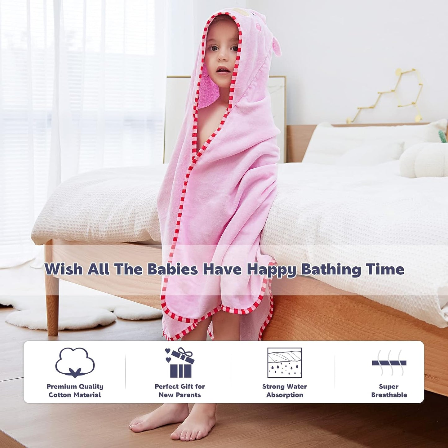 MICHLEY Baby Pink Bunny Hooded Bathrobe Soft Cotton Towel Robe