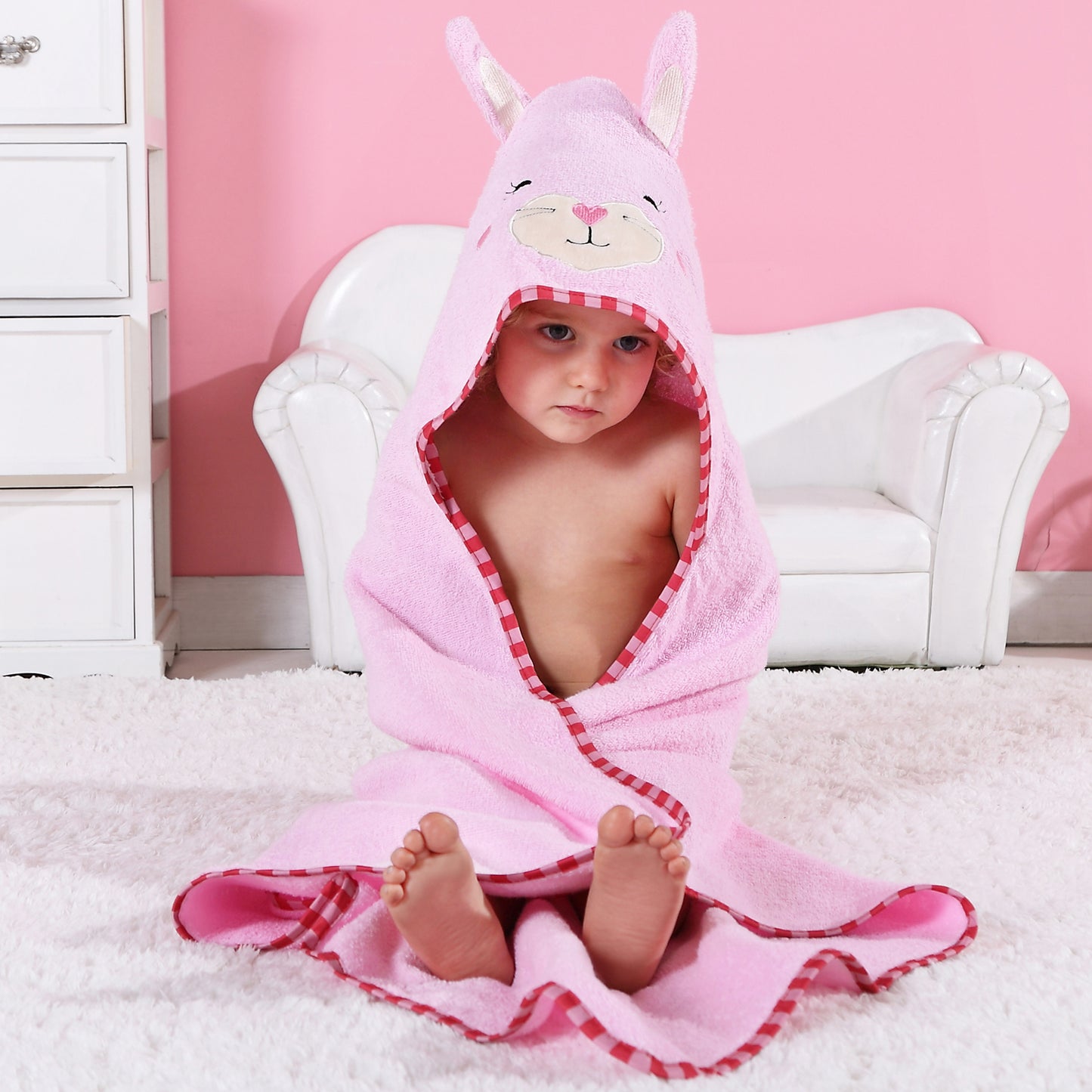 MICHLEY Baby Pink Bunny Hooded Bathrobe Soft Cotton Towel Robe