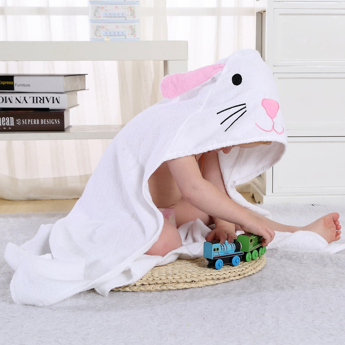 MICHLEY Baby White Bunny Hooded Bathrobe Premium Cotton Towel Robe