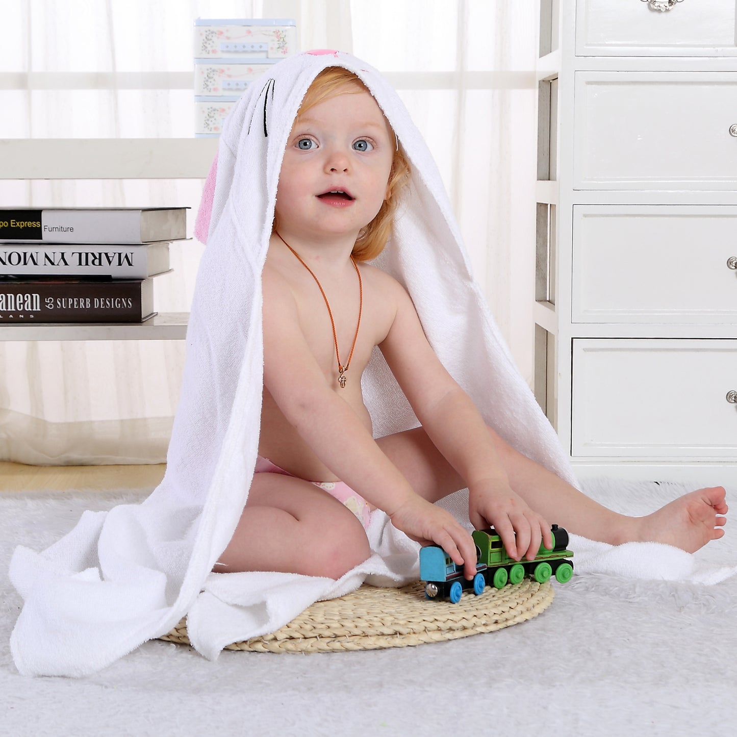 MICHLEY Baby White Bunny Hooded Bathrobe Premium Cotton Towel Robe