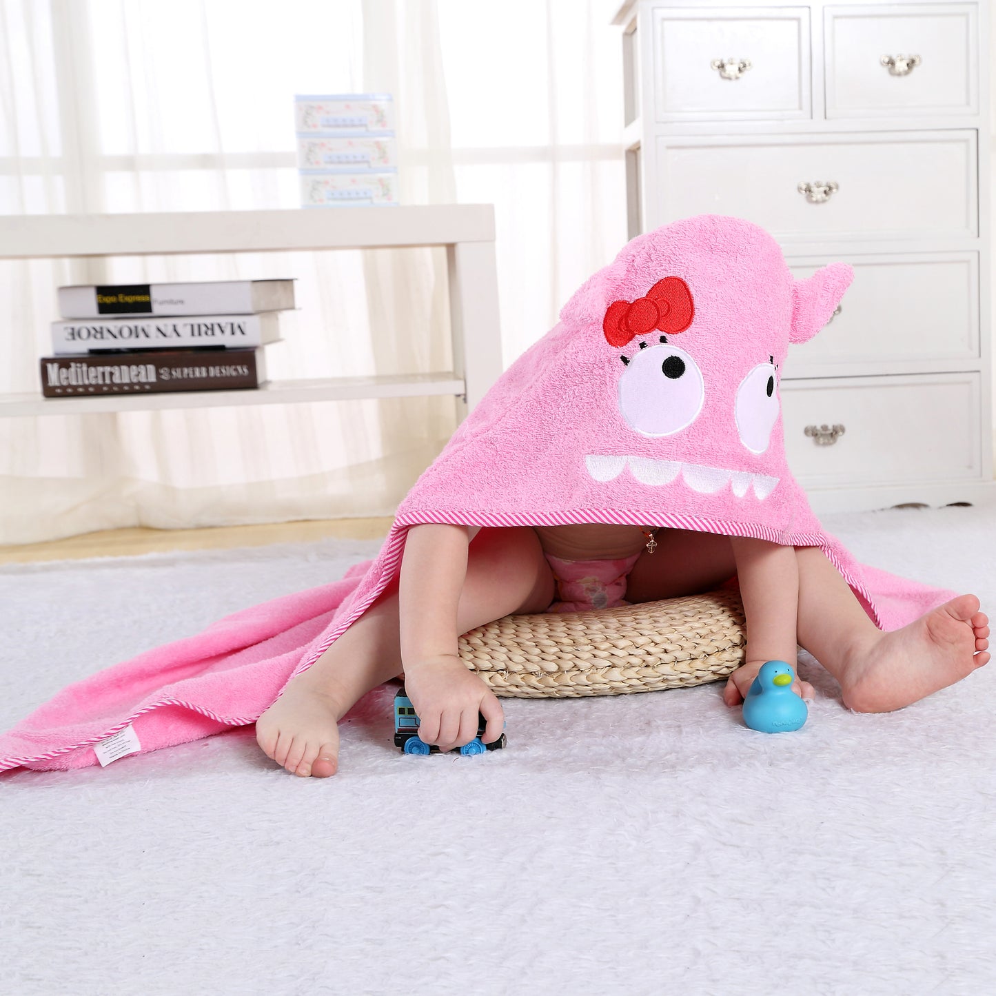 MICHLEY Baby Pink Monster Hooded Bathrobe Soft Cotton Towel Robe