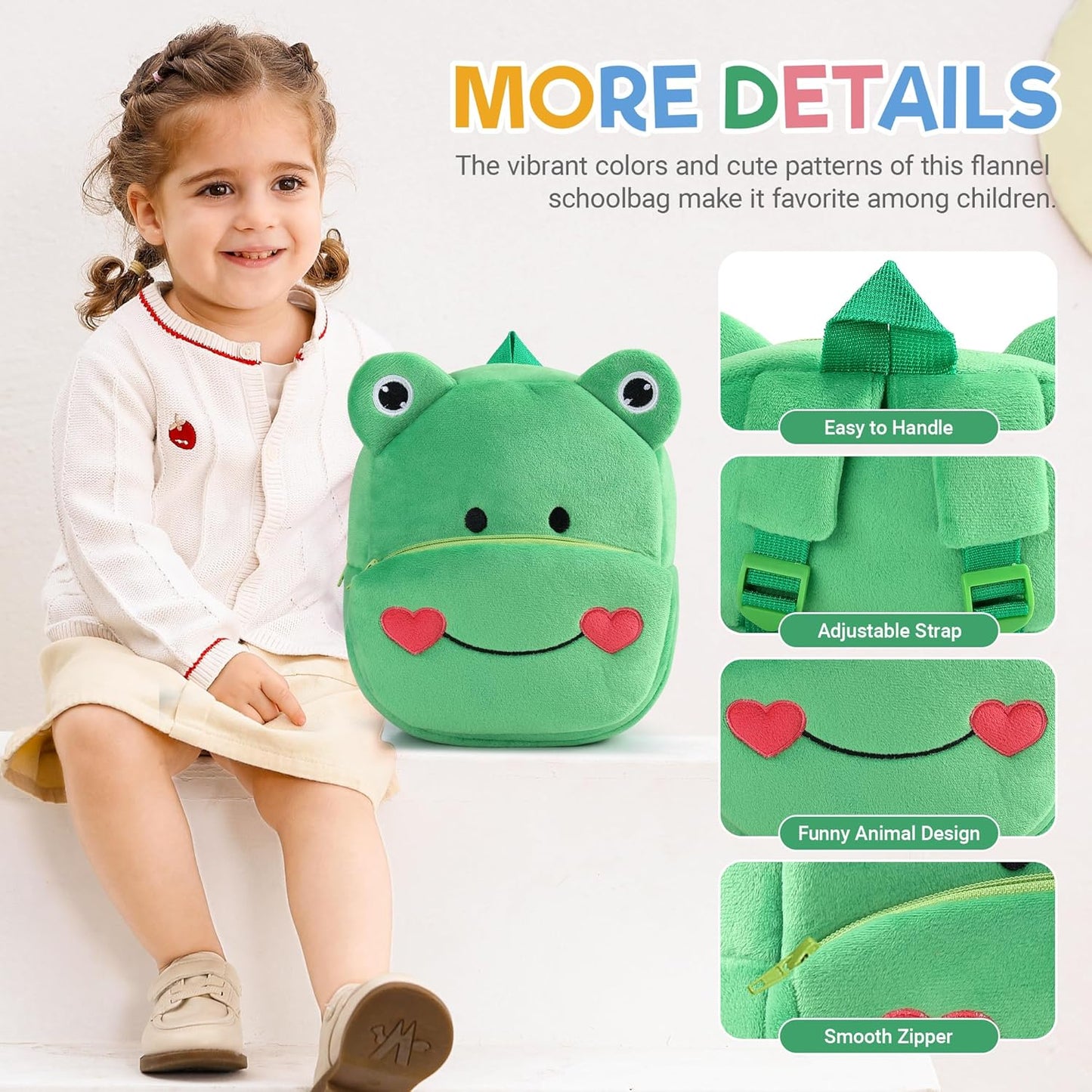 MICHLEY Kids Green Frog Plush Animal Backpack Soft Kindergarten School Bag
