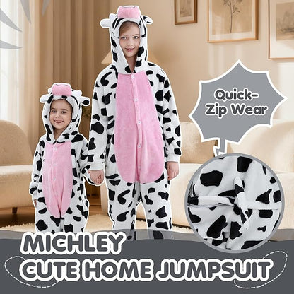 MICHLEY Kids Cow Hooded Romper Flannel Halloween Cosplay Pajamas Costume