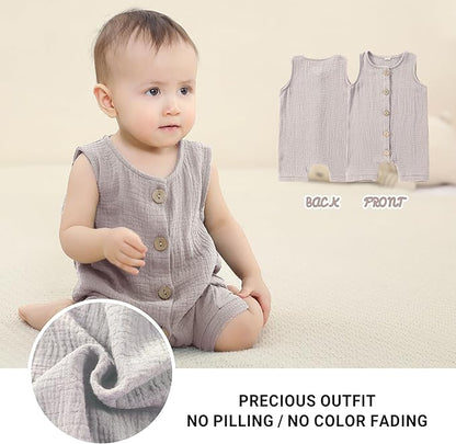 MICHLEY Baby Sleeveless Summer Cotton Romper Unisex Toddler Jumpsuit (Coffee)