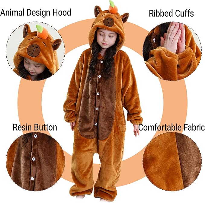 MICHLEY Kids Brown Capybara Hooded Romper Flannel Halloween Cosplay Pajamas