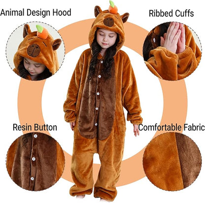 MICHLEY Kids Brown Capybara Hooded Romper Flannel Halloween Cosplay Pajamas