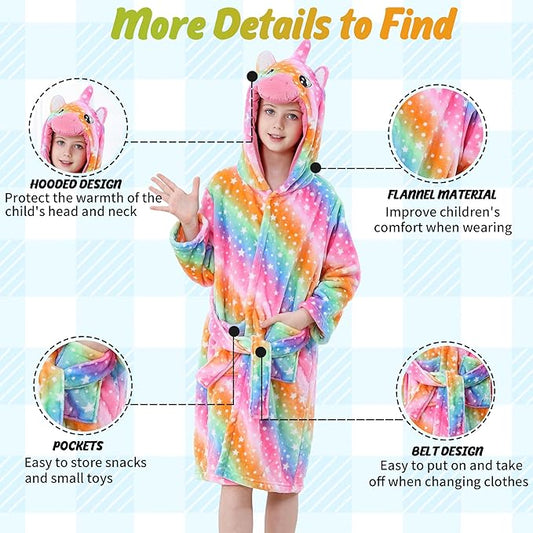 MICHLEY Kids Rainbow Unicorn Hooded Bathrobe Soft Flannel Animal Sleepwear