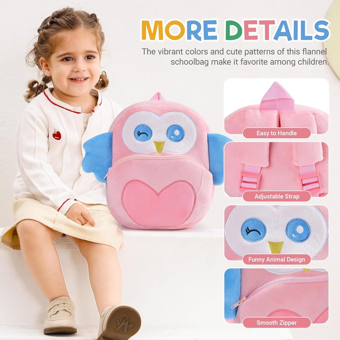 MICHLEY Kids Pink Owl Plush Animal Backpack Soft Kindergarten School Bag