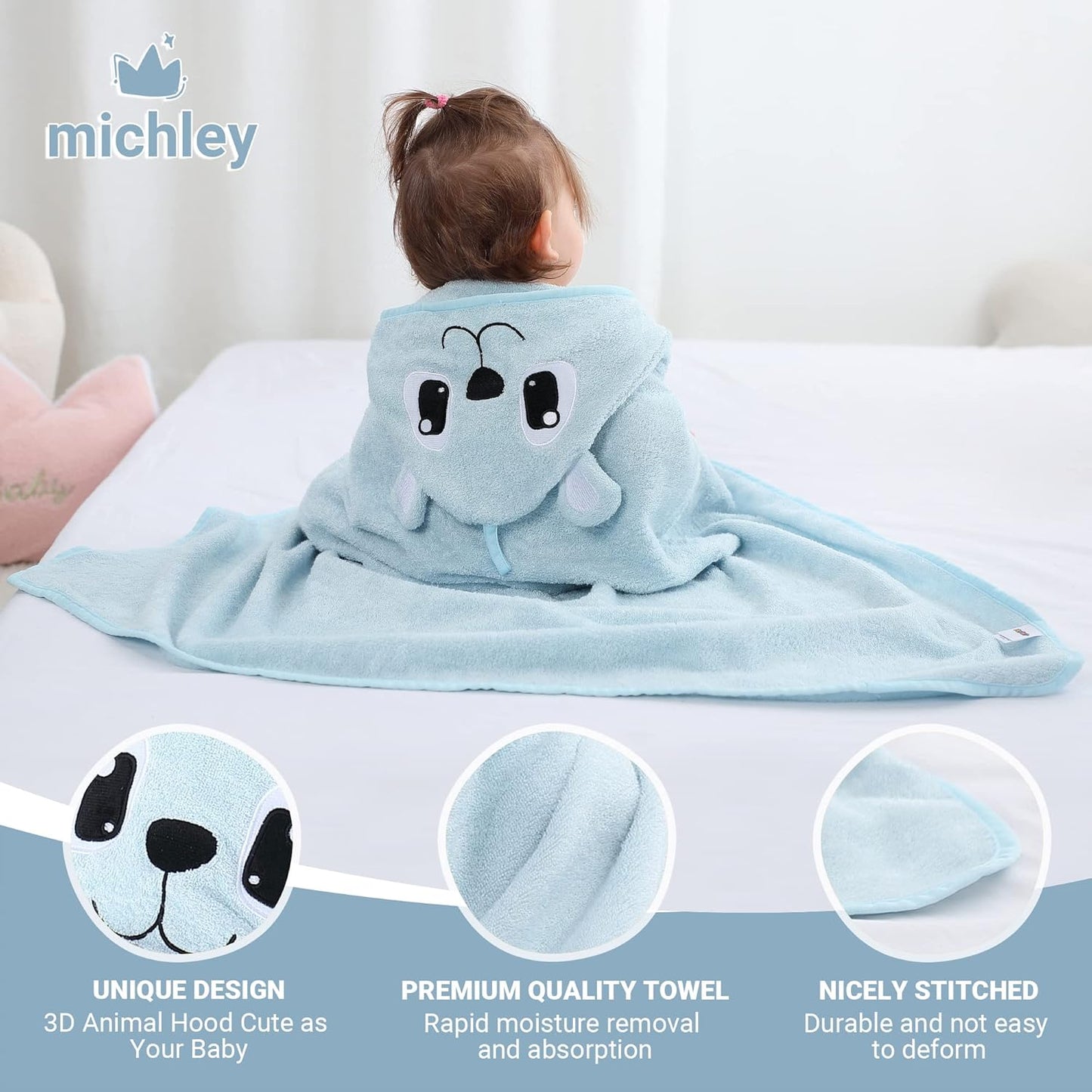 MICHLEY Blue Bear Bamboo Viscose Baby Hooded Towel Ultra-Soft