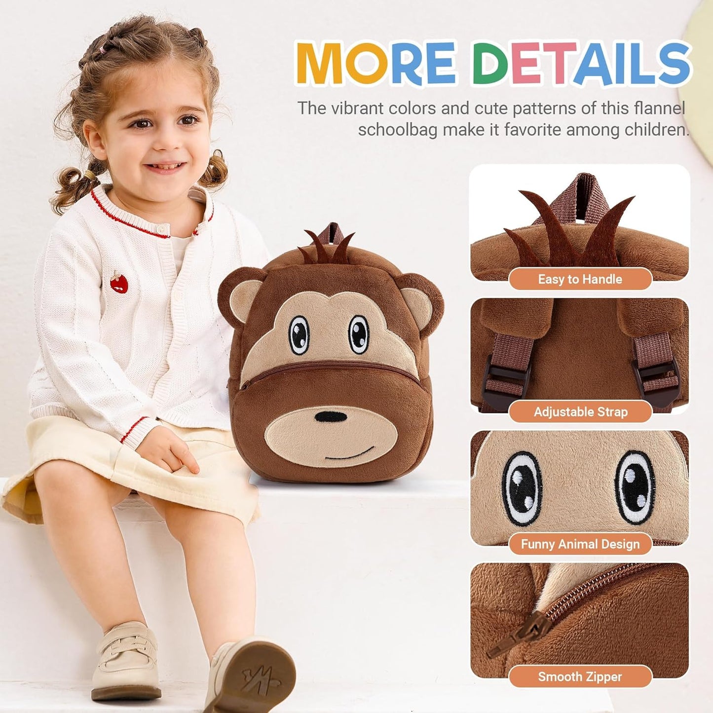 MICHLEY Kids Monkey Plush Animal Backpack Soft Kindergarten School Bag