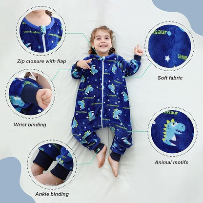 MICHLEY Navy Dino Toddler Flannel Sleeping Sack with Feet