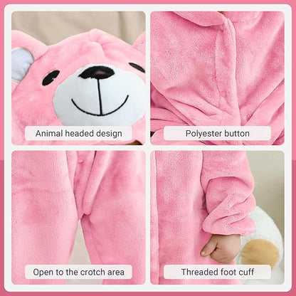 MICHLEY Baby Adorable Pink Bear Hooded Romper Soft Flannel Animal Costume