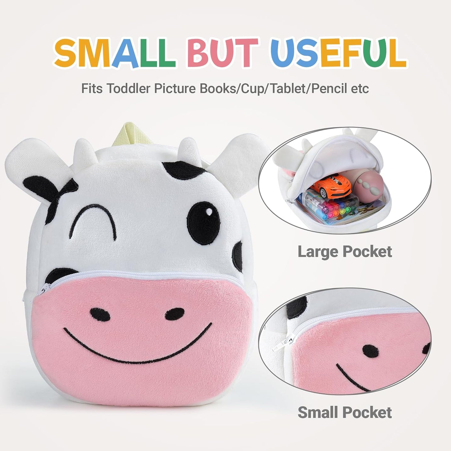 MICHLEY Kids Cow Plush Animal Backpack Soft Kindergarten School Bag