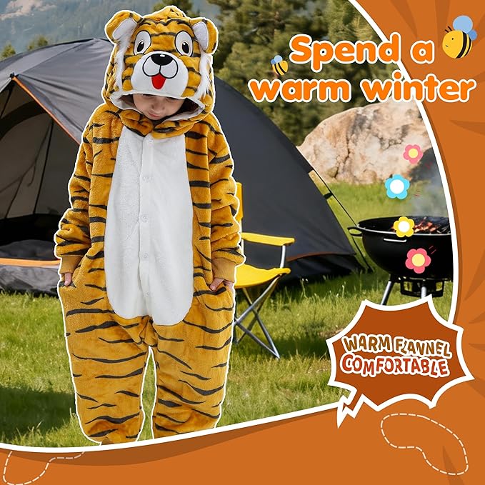 MICHLEY Kids Tiger Hooded Romper Flannel Halloween Cosplay Pajamas Costume