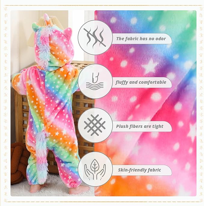 MICHLEY Rainbow Unicorn Baby Costume Winter Flannel Hooded Romper