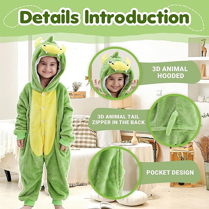 MICHLEY Kids Dinosaur Hooded Romper Flannel Halloween Cosplay Pajamas Costume