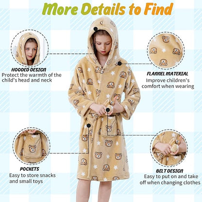 MICHLEY Kids Yellow Bear Hooded Bathrobe Soft Flannel Animal Sleepwear