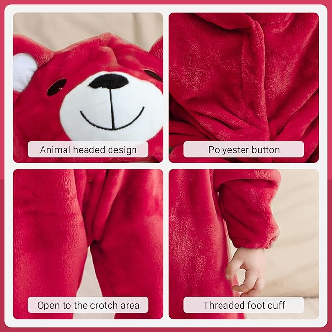 MICHLEY Baby Festive Red Bear Hooded Romper Soft Flannel Animal Costume