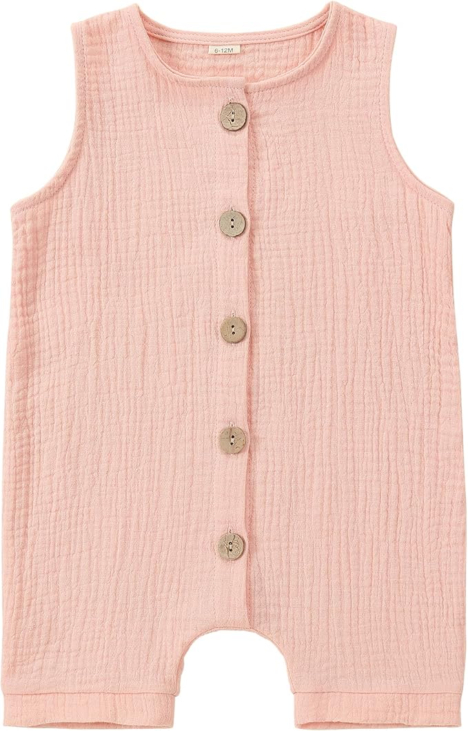 MICHLEY Baby Sleeveless Summer Cotton Romper Unisex Toddler Jumpsuit (Pink)