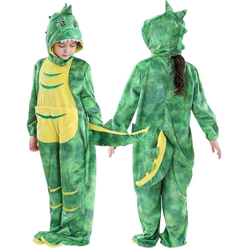 Child wearing a MICHLEY green T-Rex flannel romper costume