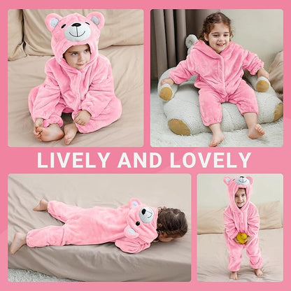 MICHLEY Baby Adorable Pink Bear Hooded Romper Soft Flannel Animal Costume