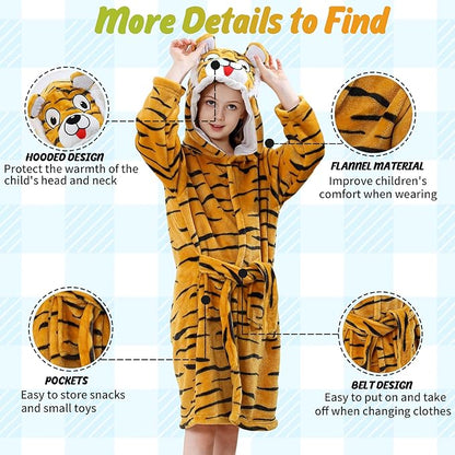 MICHLEY Kids Orange Tiger Hooded Bathrobe Soft Flannel Animal Sleepwear