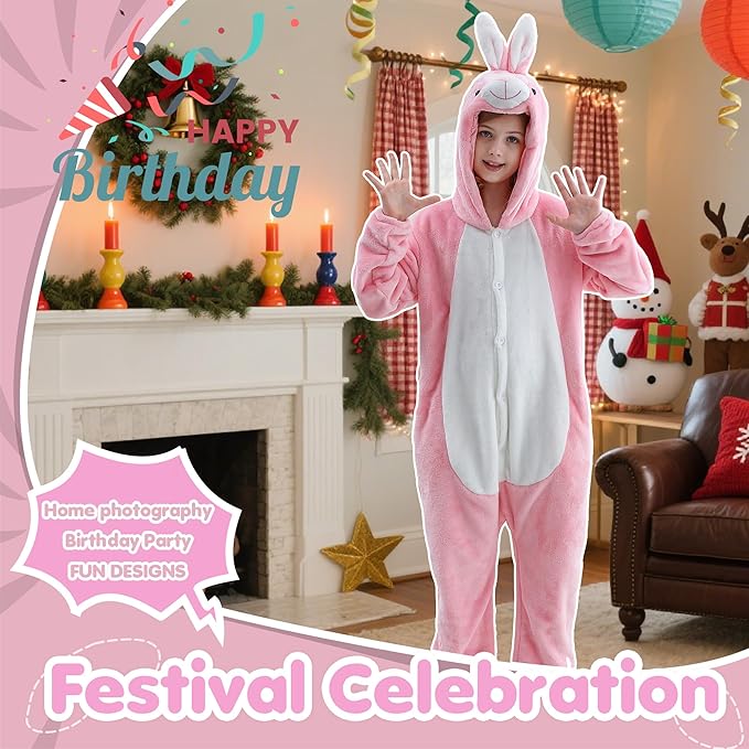 MICHLEY Kids Pink Bunny Hooded Romper Flannel Halloween Cosplay Pajamas Costume
