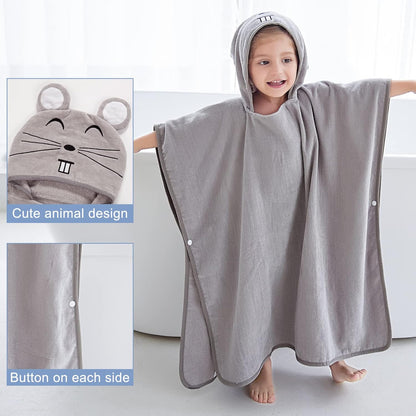 MICHLEY Kids Grey Mouse Hooded Bath Poncho Soft Cotton Towel Cape