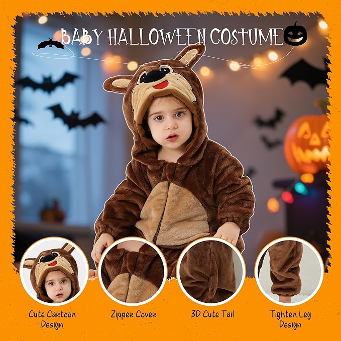 MICHLEY Baby Brown Kangaroo Hooded Romper Flannel Animal Costume