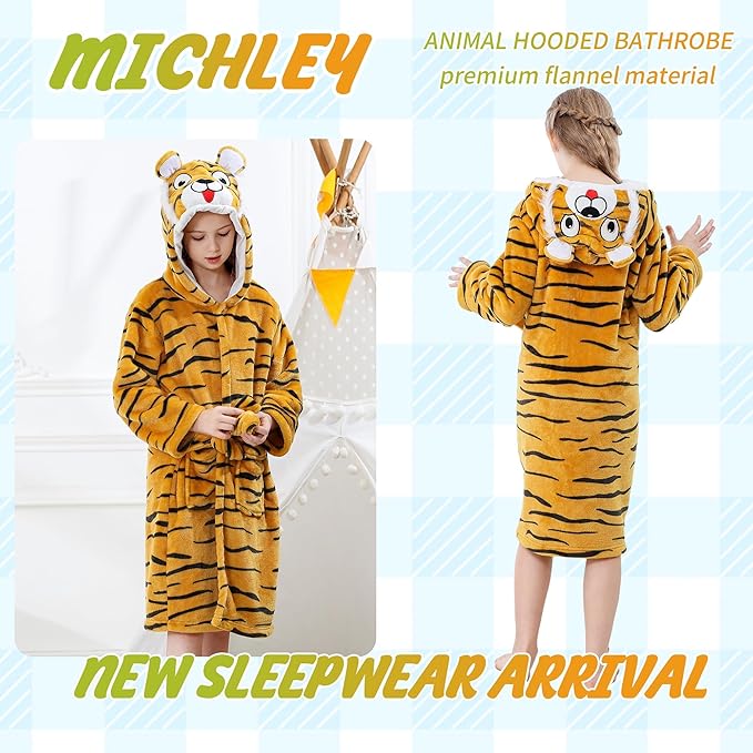 MICHLEY Kids Orange Tiger Hooded Bathrobe Soft Flannel Animal Sleepwear