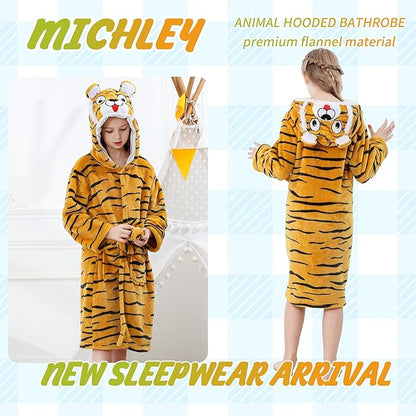 MICHLEY Kids Orange Tiger Hooded Bathrobe Soft Flannel Animal Sleepwear