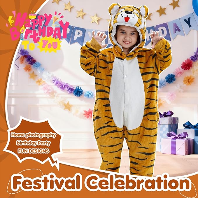 MICHLEY Kids Tiger Hooded Romper Flannel Halloween Cosplay Pajamas Costume