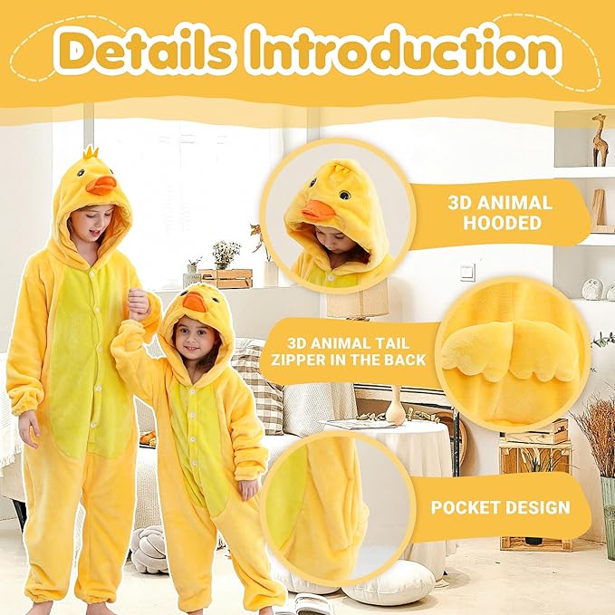 MICHLEY Kids Yellow Duck Hooded Romper Flannel Halloween Cosplay Pajamas